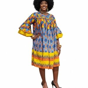 Authentic African Ankara Style Midi Smock Dress - Handwoven Fabric
​